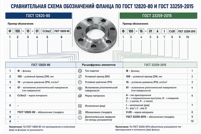 Структура условного обозначения фланца по старому и новому стандартам