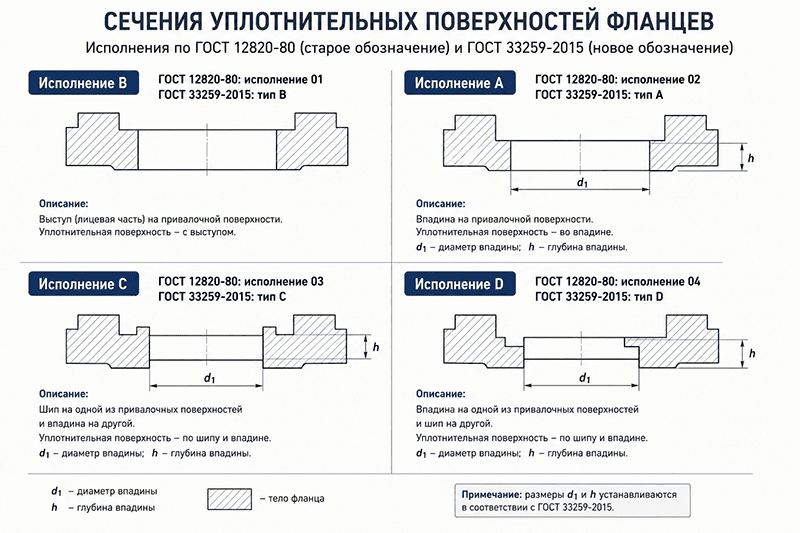 Соответствие исполнений уплотнительных поверхностей по старому и новому стандартам