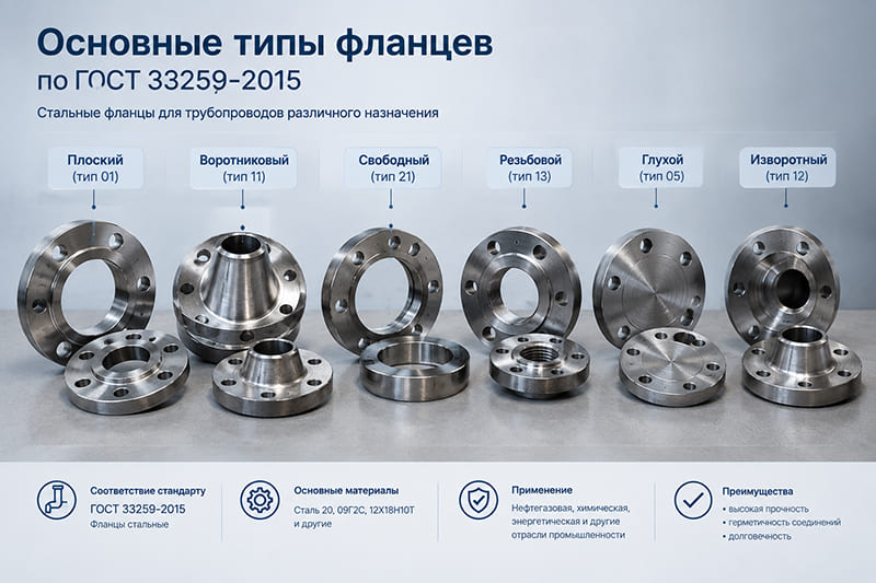 Основные типы фланцев по ГОСТ 33259-2015